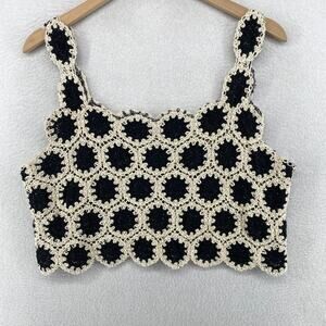 ROYAL Tank Top Womens L Crochet Square Neck Cropped Boho Cotton Blend Black